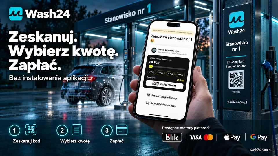 Demonstracyjna strona płatności Wash24: zeskanuj QR, wybierz kwotę i zapłać