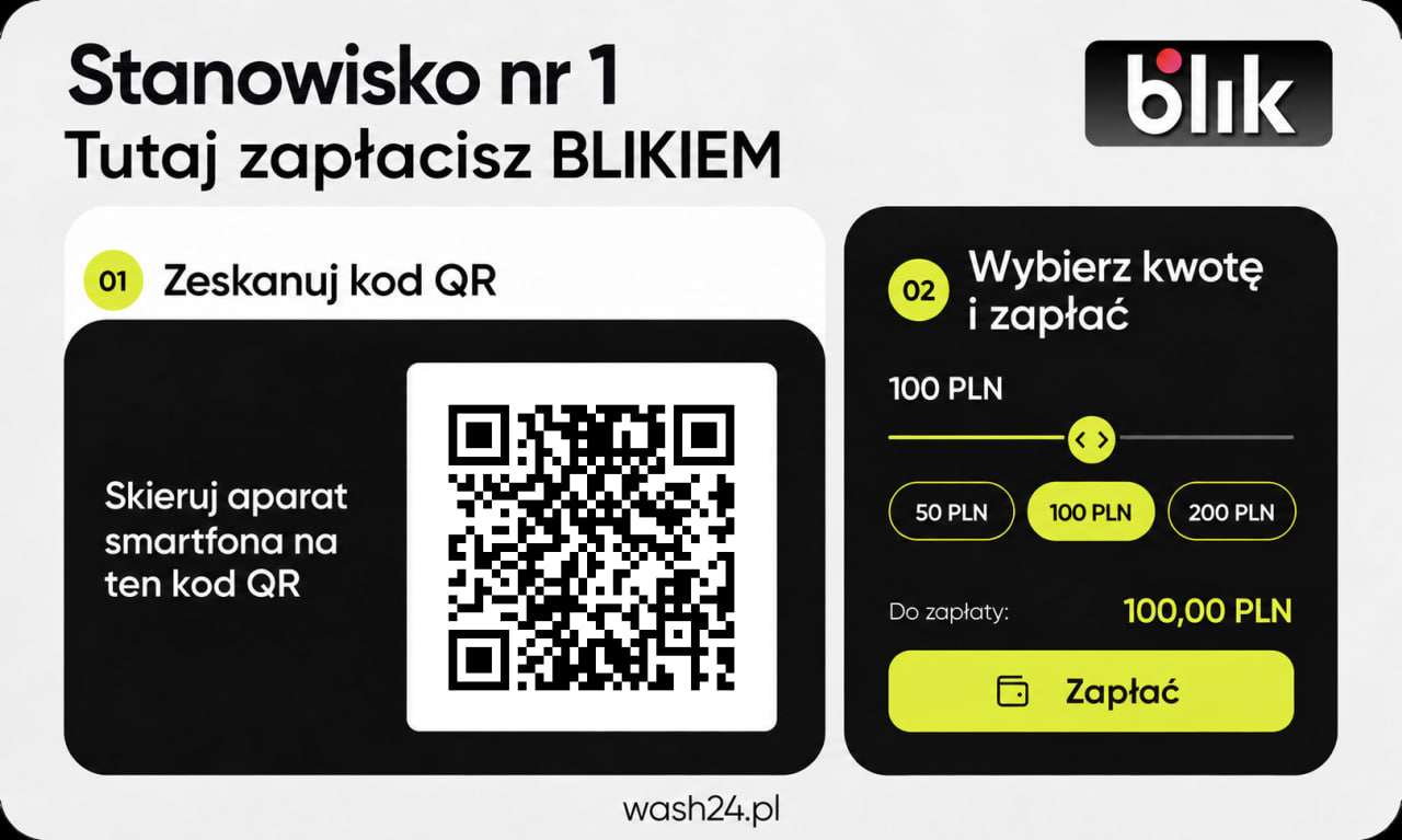 Tablica stanowiska nr 1 z kodem QR prowadzącym do polskiej demonstracji płatności Wash24
